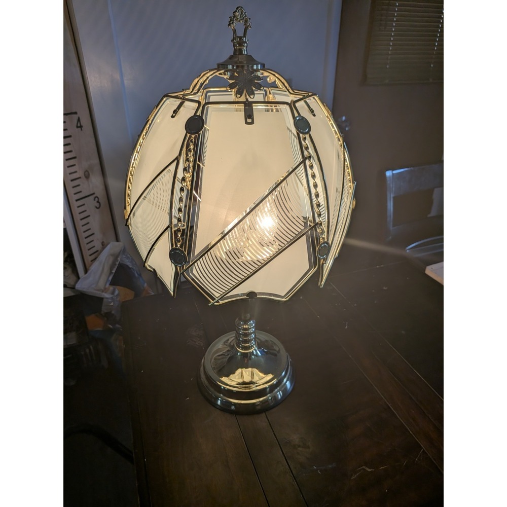 Vintage Art Deco Style Brass Touch Lamp Frosted Etched Glass Panels 3-Way